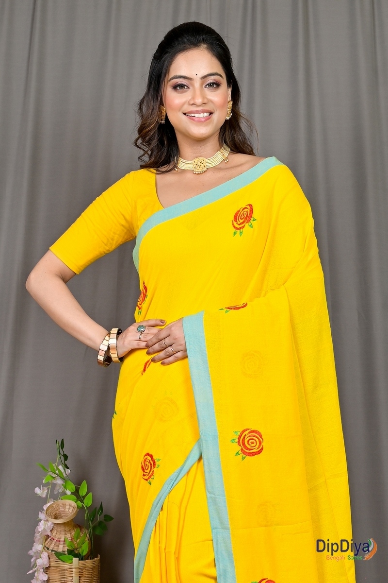 Yellow Pure Cotton Parag Embroidery Handloom saree (214)